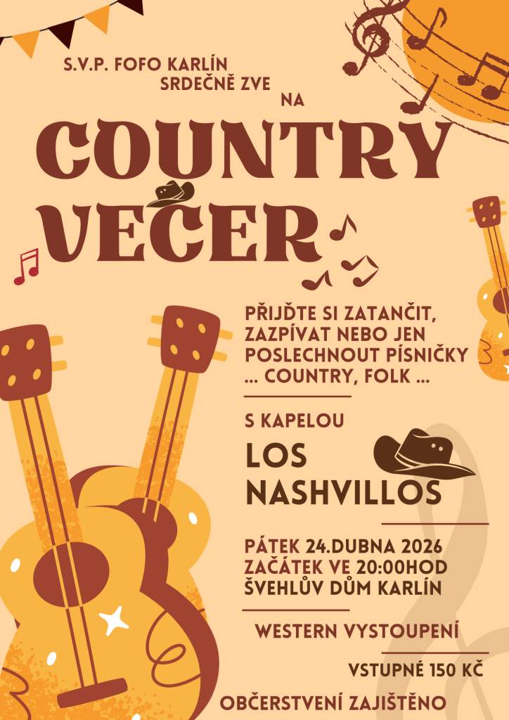 COUNTRY VEČER 24. dubna 2026 od 20:00 hodin. Švehlův dům v Karlíně. Kapela LOS NASHVILLOS. VSTUPNÉ 150 Kč.