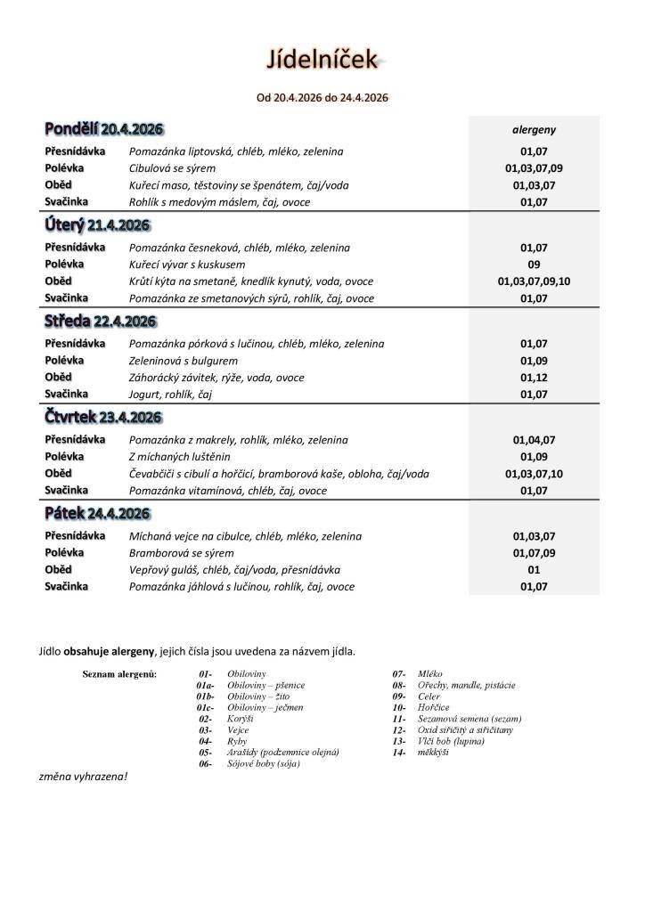 Jídelníček základní školy platný v týdnu od 20. do 24.4.2026