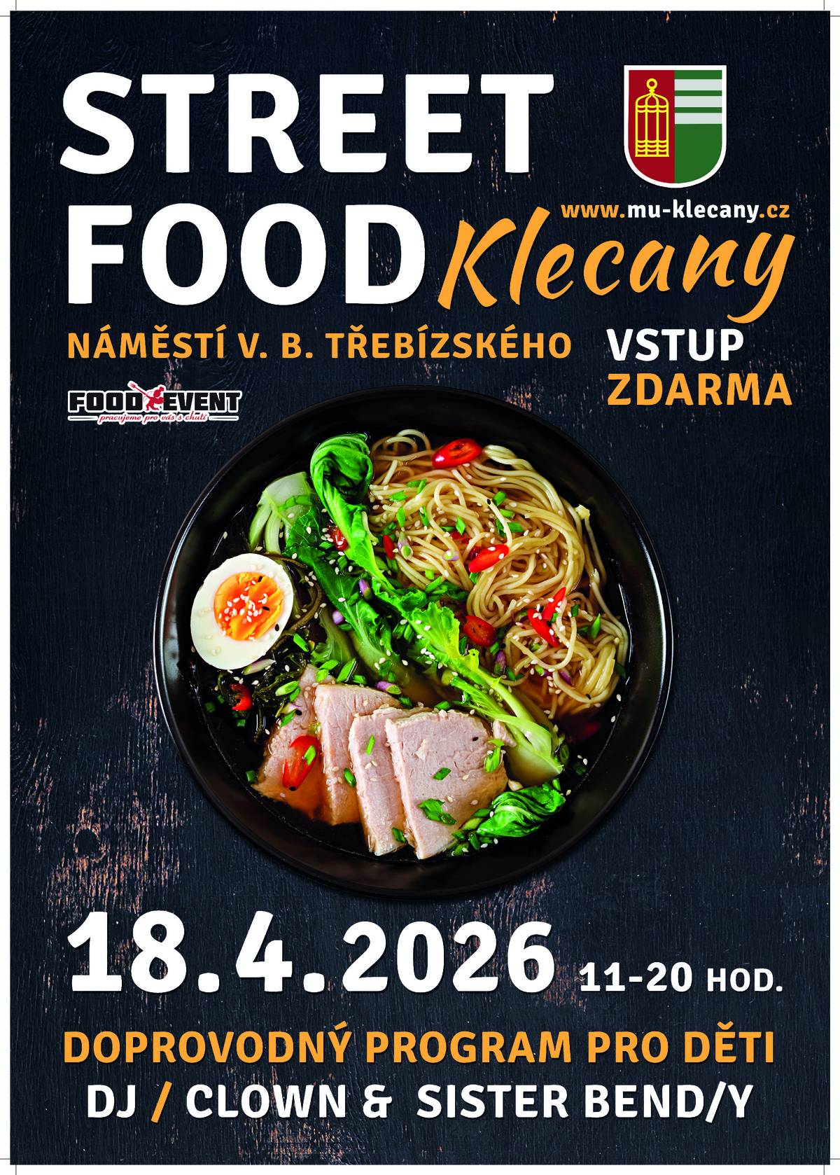 Zveme Vás 18. 4. 2026 od 11.00 do 20.00 hodin na nám. Třebízského, kde se bude konat oblíbená akce Street food. Vstup zdarma. Součástí akce bude i doprovodný program.