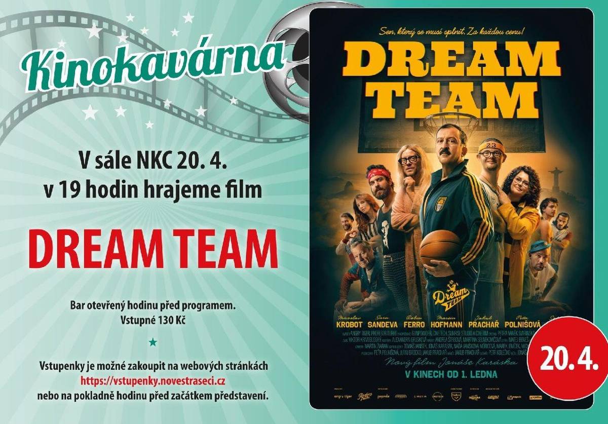 Zveme vás dnes večer od 19 hodin na film Dream team, který promítáme v kinokavárně v Novostrašeckém kulturním centru. Bar je otevřen hodinu před promítáním. Vstupné 130 Kč.