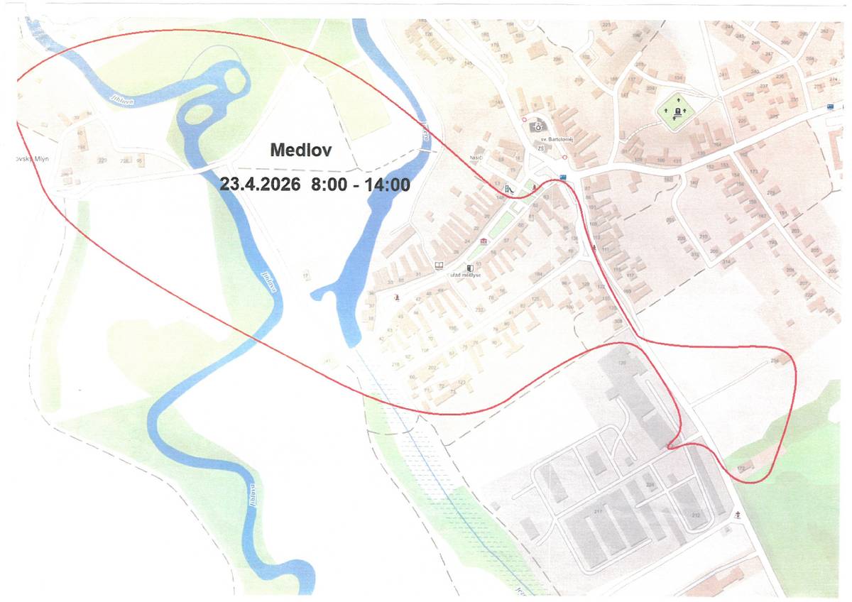 Oznámení o přerušení dodávky elektrické energie. Z důvodu plánovaných prací na zařízení distribuční soustavy - rekonstrukcí, oprav,údržbových a revizních prací - bude přerušena dodávka elektrické energie. Dne 23.04.2026 od 08:00 do 23.04.2026 14:00 Vypnutá oblast:Medlov - lokalita Medlovský mlýn, - za Jezerem č.p. 17, 41 a hřiště, - ulice u Obecního úřadu severní strana od jezera po č.p. 148, jižní strana celá, - ul. za Obecním úřadem, - ulice ke družstvu levá strana od č.p. 231 po č.p. 213, pravá strana č.p. 172, 234 (mimo ZD)