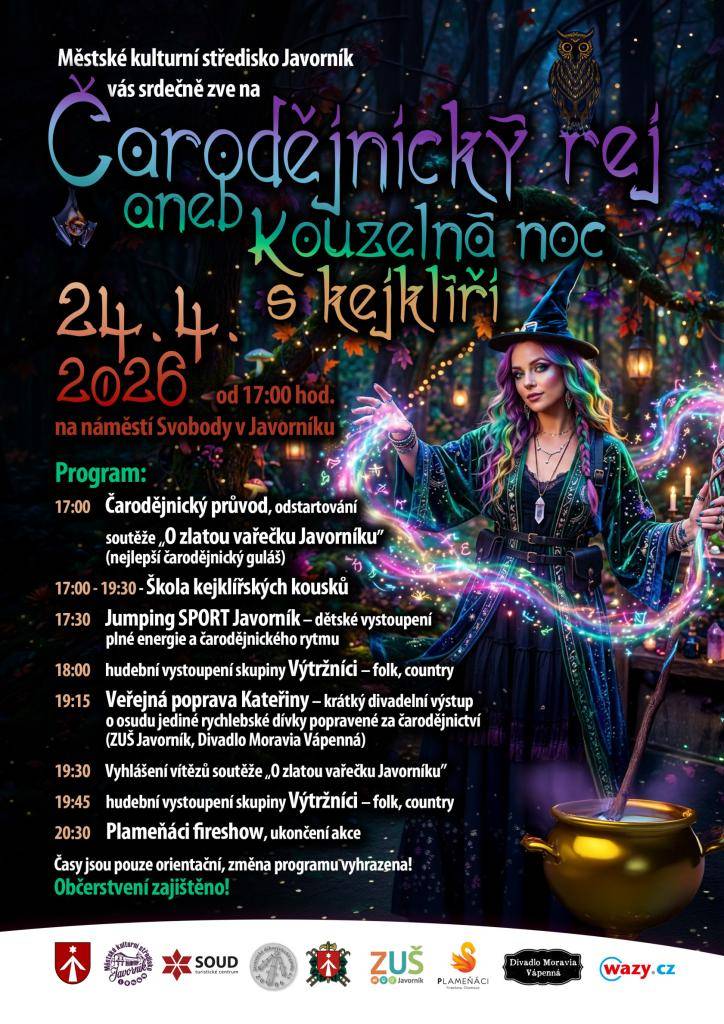 Srdečně všechny zveme na akci, která se koná 24. dubna 2026 od 17:00 na náměstí Svobody v Javorníku. Těšit se můžete na bohatý program včetně čarodějnického průvodu, soutěže o nejlepší čarodějnický guláš, školu kejklířských kousků, a hudební vystoupení skupiny Výtržníci.
