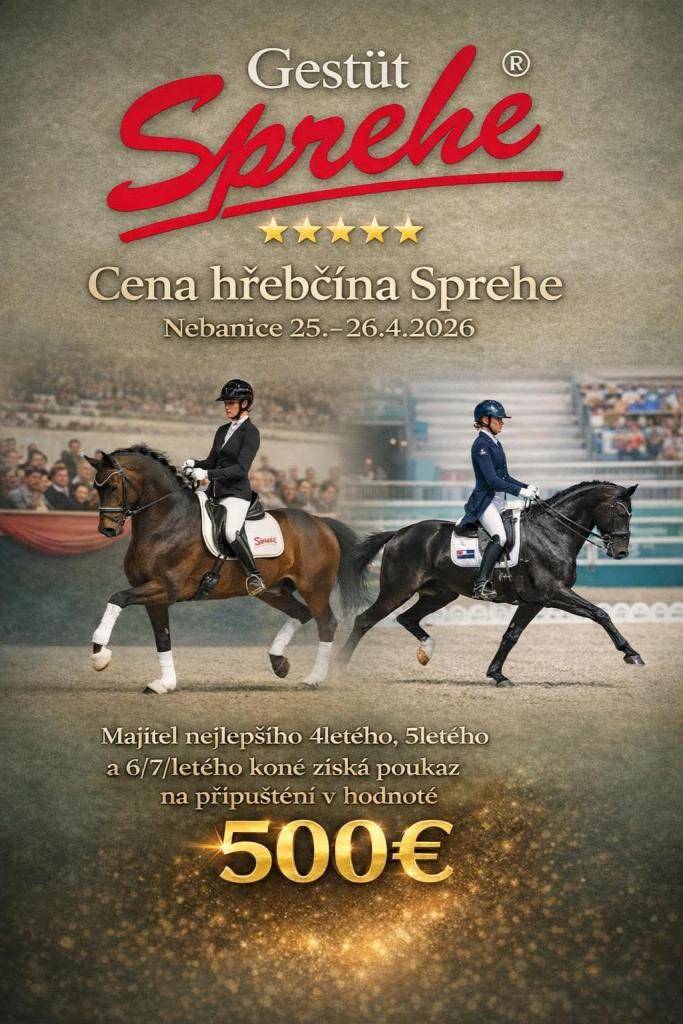 V Nebanicích se 25. 4. - 26. 4. 2026 koná Cena hřebčína Sprehe. Na těchto závodech se můžete přihlásit do úloh od stupně Z až do úrovně IM I, ale zbystřit by měli i majitelé mladých koní.