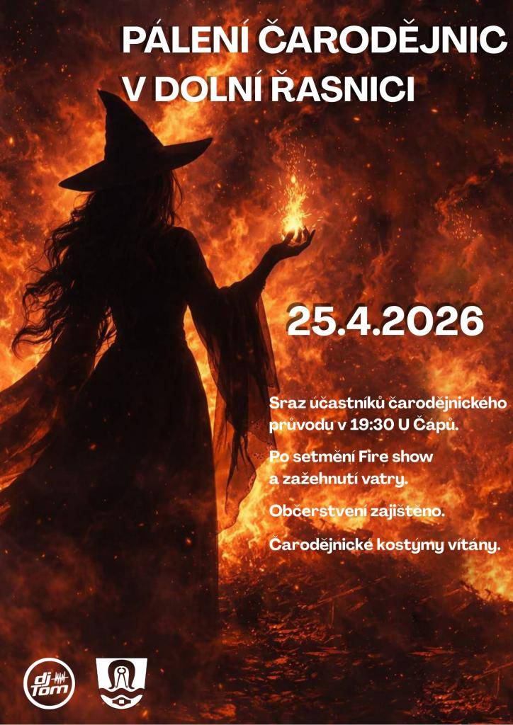 Pálení čarodějnic se uskuteční 25. dubna 2026. Sraz účastníků je naplánován na parkovišti u čápů v 19:30. Odtud se společně přesuneme v průvodu na fotbalové hřiště, kde dojde k zažehnutí vatry. Po setmění se můžete těšit na ohňovou Fire show, která přinese nezapomenutelný zážitek.