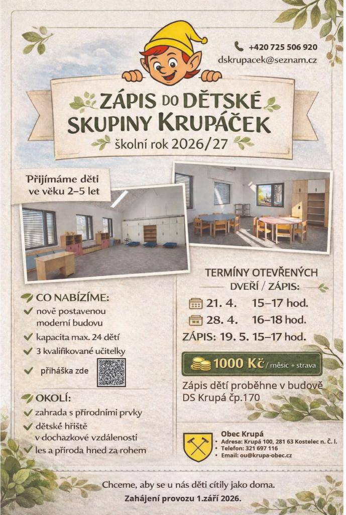 Srdečně vás zveme na Dny otevřených dveří do Krupáčku.