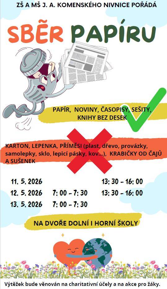 ZŠ a MŠ Nivnice pořádá SBĚR PAPÍRU(papír, noviny, časopisy, sešity, knihy bez desek)na dvoře dolní i horní školy v pondělí 11.5. od 13:30 do 16:00,   v úterý 12.5. od 7:00 do 7:30 a od 13:30 do 16:00   a ve středu 13.5. od 7:00 do 7:30.  Výtěžek bude věnován na charitativní účely a na akce pro žáky.