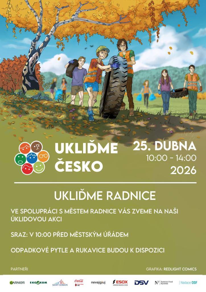 Růžička - centrum volnočasových aktivit ve spolupráci s městem Radnice vás zvou na úklidovou akci "Ukliďme RADNICE", která se uskuteční v sobotu 25. dubna 2026. Sraz v 10 hodin před městským úřadem v Radnicích. Odpadkové pytle a rukavice budou k dispozici.
