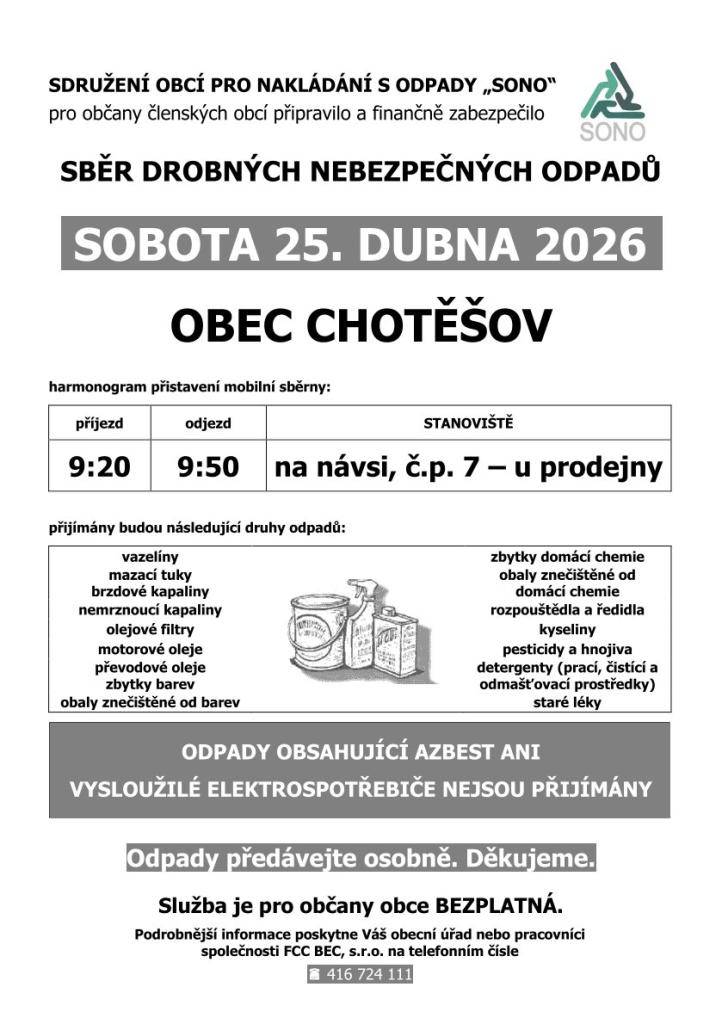 Organizuje Sdružení obcí pro nakládání s odpady „SONO“  KDE A KDY  Stanoviště: Na návsi, č.p. 7 (u prodejny)  Sobota 25. dubna 2026  Čas: 9:20–9:50  (mobilní sběrna bude přistavena pouze 30 minut!)