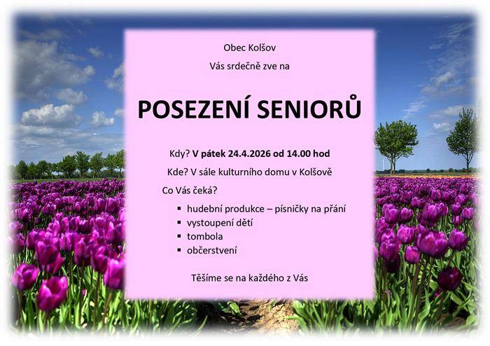 Obec Kolšov zve všechny seniory na Posezení seniorů, které se uskuteční 24.4.2026 ve 14 hodin v sále kulturního domu v Kolšově.