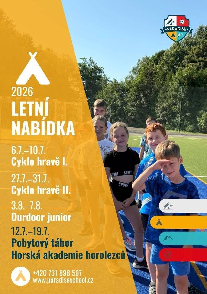 Letní nabídka táborů 2026 - více informací na www.paradiseschool.cz.