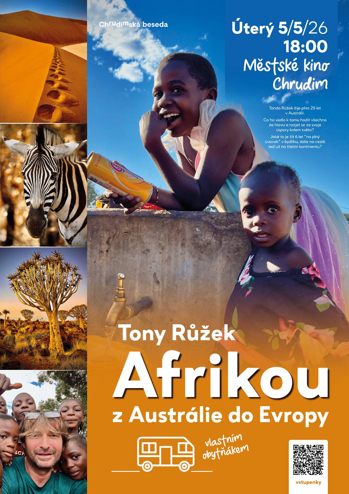 Dobrý den, Upozornění:   Karla Bytnarová • pěvecký recitál • ze zdravotních důvodů přeloženo na nový termín 4.6.2026 v 19 h Koncert bez hranic • Romantic Woman • zrušeno z organizačních důvodů ze strany pořadatele Pokladna v Divadle Karla Pippicha v úterý 21.4. do 15 h • poté prodej přímo na místě akce  Zahájení prodeje vstupenek v pondělí 20.4. ve 14 h: Jazz ve Vinárně – Daniel Bulatkin Den otevřených dveří Besta Chrudim v Divadle Karla Pippicha Účet (divadelní představení) v Klášterních zahradách Zahájení prodeje vstupenek ve středu 27.4. ve 14 h: Kino Chrudim VibeFest vol. 2 Zveme Vás: JARNÍ KONCERT • TRIOTON CHRUDIM 21.4. v 16 h, Spolkový dům CHRUDIM NA CESTÁCH • FLÓRA OLOMOUC 23.4., poslední volné místo v prodeji STAVĚNÍ MÁJE 1.5., Resselovo náměstí, za účasti SDH, dále na náměstí vystoupí NS Národopisný soubor Kohoutek  U FORTUNÁTA 1.5. otevíráme posezení U Fortunáta, a to v těsné blízkosti Muzea barokních soch AFRIKOU Z AUSTRÁLIE DO EVROPY • ANTONÍN TONY RŮŽEK 5.5. v 18 h, Městské kino Chrudim  Čecho-Australan Antonín Tony Růžek uvádí cestovatelskou diashow ANEŽKA HOŠKOVÁ – LOVE LETTER výstava představuje aktuální tvorbu výrazné české umělkyně  otevřeno do 10.5.: úterý – pátek 10–13 14–17 h, sobota – neděle 14–17 h KINO CHRUDIM  Přání k narozeninám: Křtiny (pro seniory), Michael, Dejvické divadlo: Ucpanej systém, Rally: Od Paříže k pyramidám, ...  zahájení prodeje na další období ve středu 22.4. ve 14 h  MĚŠŤANSKÁ RESTAURACE MUZEUM   Zveme vás na naše polední menu. Chystáte večírek či oslavu a sháníte vhodné prostory nebo catering? Neváhejte nás kontaktovat.  Zveme Vás i na další akce ostatních pořadatelů:  Den Země v Klášterních zahradách (Zdravé město Chrudim) Historky z Tinderu ZUŠ Chrudim & koncert učitelů Uděláte mi to znova? (DS J.N.Štěpánka) Big Band Chrudim • jarní koncert Míša Růžičková • Ostrov písniček Plesové choreografie a párové tance (TŠ Bohemia Chrast) Vinný košt & festival chutí  Nově v prodeji:   Petr Jablonský – Stand-up imitátor show TIKI TAKA na cestách, tentokrát v Chrudimi  Hezký den přeje Chrudimská beseda, sledujte i náš Facebook | Instagram