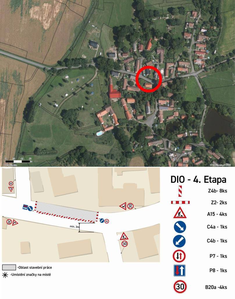 od 18.4.2026 - výkop tlakové kanalizace uzavření poloviny vozovky