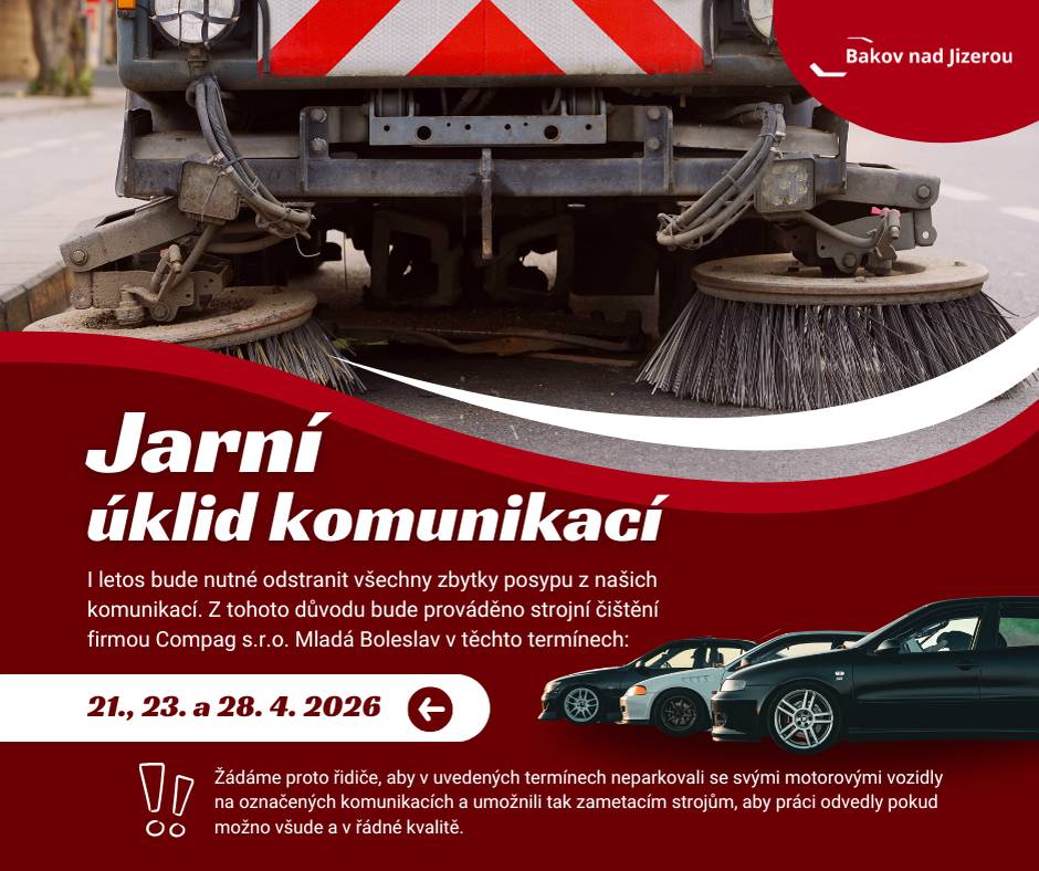 Vážení občané, v nadcházejících dnech proběhne strojní čištění našich ulic, při kterém bude odstraněn posyp po zimním období. 📅 Termíny úklidu: 👉 21., 23. a 28. dubna 2026 🙏 Prosíme všechny řidiče, aby v těchto dnech neparkovali na označených komunikacích a umožnili tak úklidovým vozům odvést práci kvalitně a bez omezení. Děkujeme za spolupráci a ohleduplnost! 💛🚗