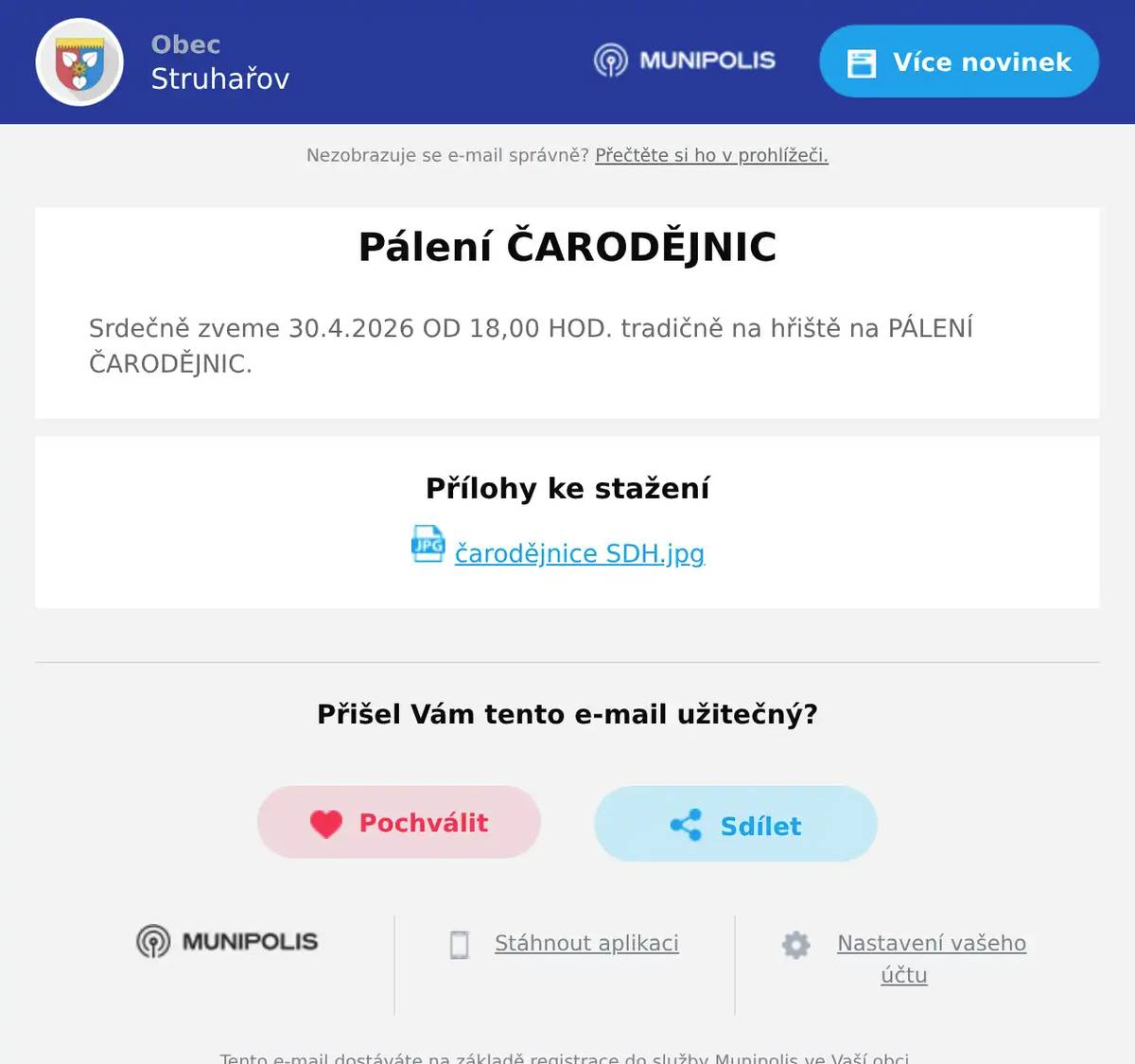 Srdečně zveme 30.4.2026 OD 18,00 HOD. tradičně na hřiště na PÁLENÍ ČARODĚJNIC.