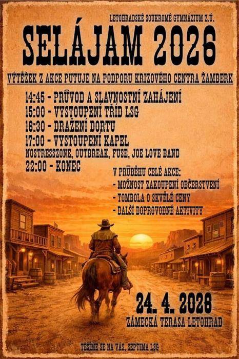 Pátek 24. dubna 2025, od 14.45 hodin, zámecká terasa v Letohradě. Začínáme průvodem!!!   Pořádá SEPTIMA LSG. Tak trochu westernově… PŘIJĎTE!!!  Výtěžek tentokrát poputuje na podporu Krizového centra Žamberk.