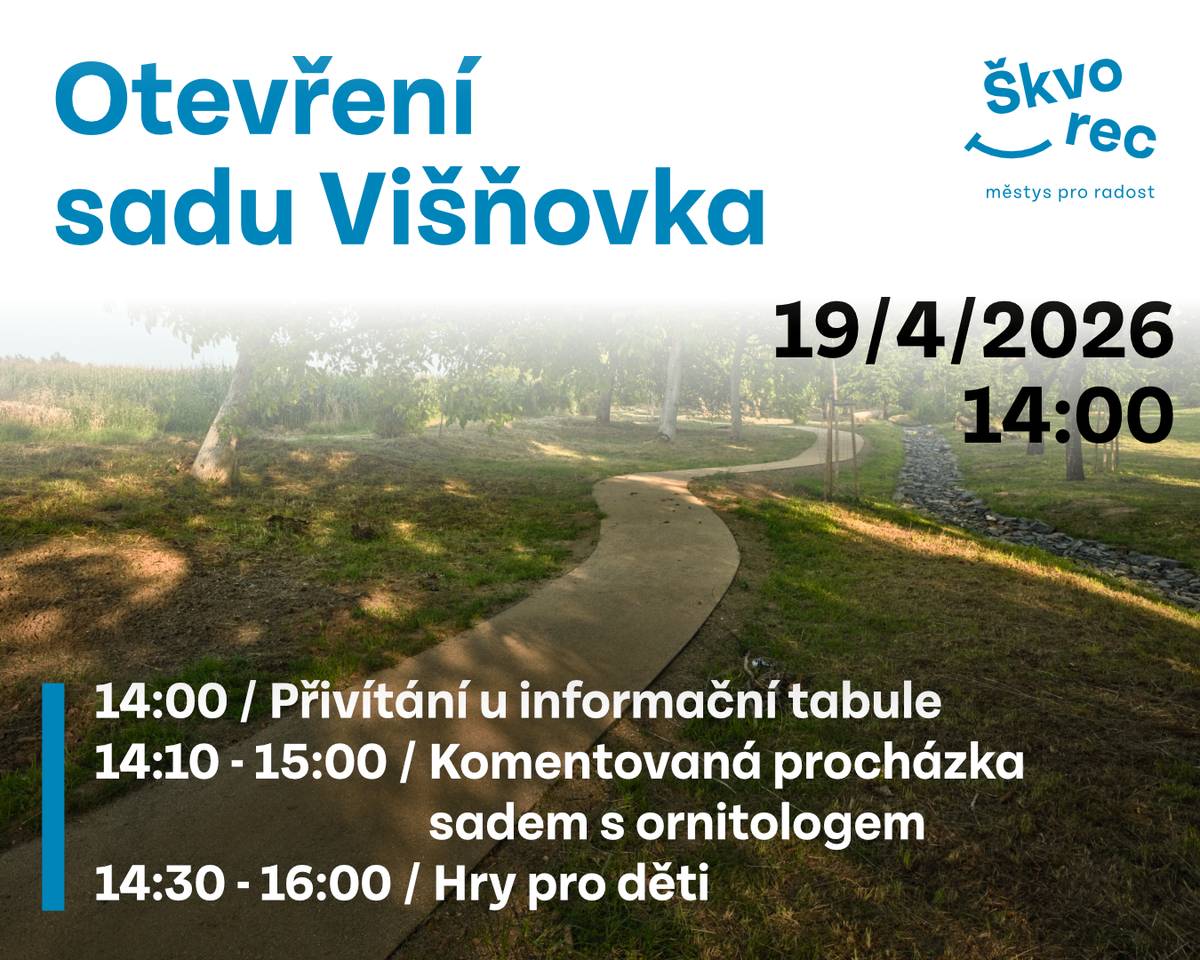 Přijďte si užít odpoledne plné objevování, her a přírody. Čeká vás komentovaná procházka s ornitologem a přírodovědcem Mgr. Grünwaldem, která vám přiblíží život ptáků i proměny tohoto krásného místa. Naši dobrovolníci připravili pro děti i dospělé zábavné hry na několika stanovištích rozmístěných po celém sadu, takže o legraci rozhodně nebude nouze. A to není všechno – pro Višňovku jsme připravili i zbrusu nový web: 👉 https://visnovka.mestysskvorec.cz Přímo v sadu navíc najdete 8 QR kódů, které vás vtáhnou do online interaktivní hry v přírodě. Stačí načíst kód na jednom z kůlů v parku a objeví se stránka věnovaná jednomu z osmi ptáků. Můžete si o něm něco přečíst, pustit si jeho zpěv a získat razítko do svého alba. Kdo nasbírá všech 8 razítek, toho čeká malé překvapení – gratulace a možnost zobrazit si vlastní diplom, který si může vytisknout nebo sdílet na sociálních sítích. A pozor – diplom ani razítka nejdou získat jinak než oběhnutím celého sadu! 😉 Přijďte s námi oslavit nový život Višňovky. Těšíme se na vás!