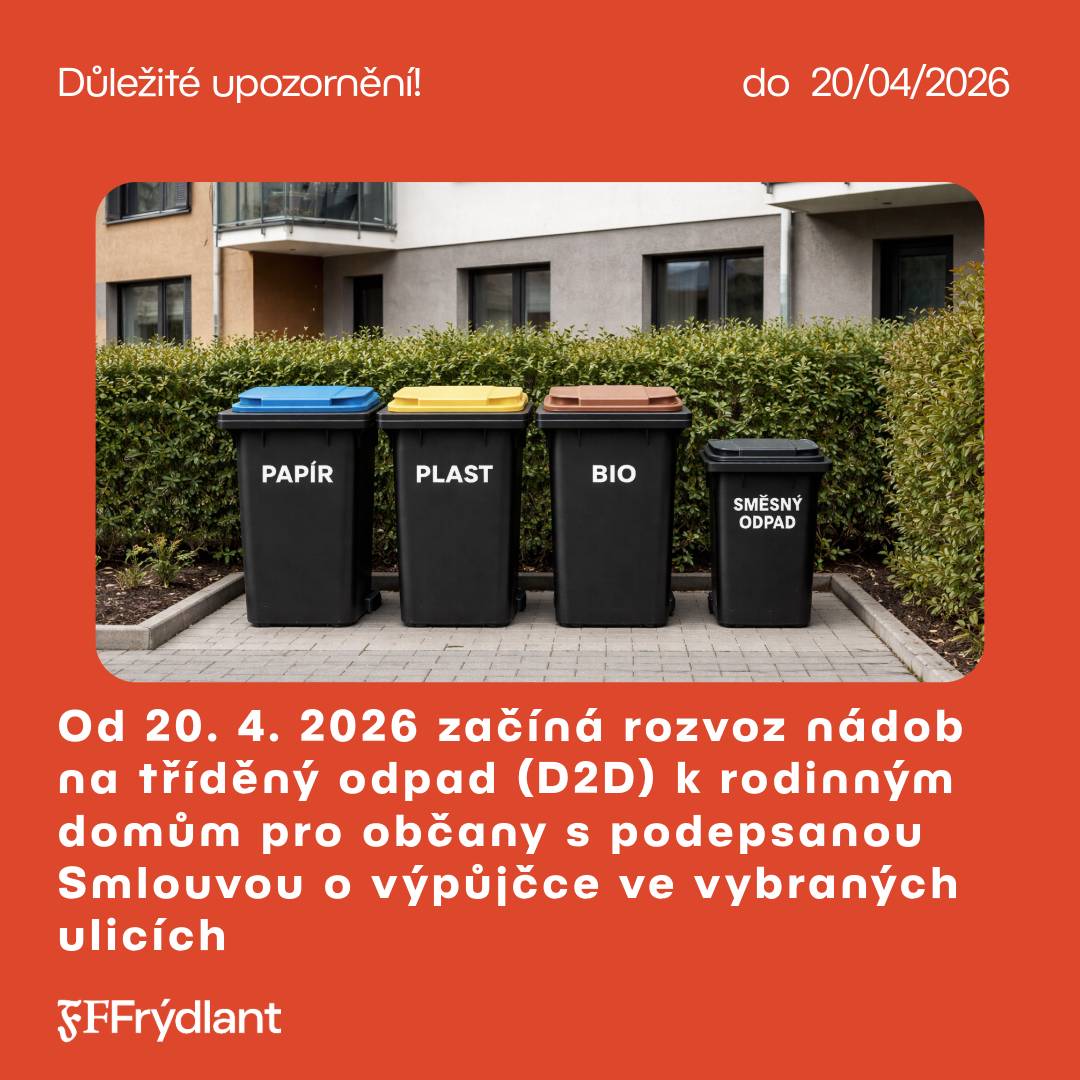 Od pondělí 20. 4. 2026 bude zahájen rozvoz nádob na tříděný odpad k rodinným domům (systém door-to-door) pro občany, kteří mají podepsanou Smlouvu o výpůjčce a souhlas s umístěním nádob. Rozvoz bude probíhat v těchto ulicích a lokalitách: Raisova, Jiráskova, K. Světlé, Nová, část ulice Palackého, Mládeže, V Úvoze, Husova, ČSA, Hrnčířské náměstí, Okružní, Zahradní, Čapkova, Dvořákova, Nerudova, Mezibranská, Svatopluka Čecha, Kostelní, náměstí T. G. Masaryka, Albrechtice u Frýdlantu, Filipov, Větrná, Souběžná, Budovatelská, Spojovací, část ulice Dlouhá, Strmá, Růžová, Údolí, Míru, Žitavská a dále u rodinných domů, kde je dle Smlouvy o výpůjčce objednána pouze jedna sada nádob. U domů v uvedených lokalitách, kde je více domácností a je objednáno více sad nádob, proběhne rozvoz v jiném termínu. O jeho konání budeme včas informovat.
