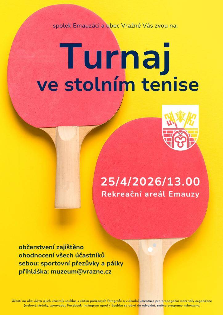 Spolek Emauzáci a obec Vražné Vás zvou na turnaj ve stolním tenise. Posílejte přihlášky na muzeum@vrazne.cz.
