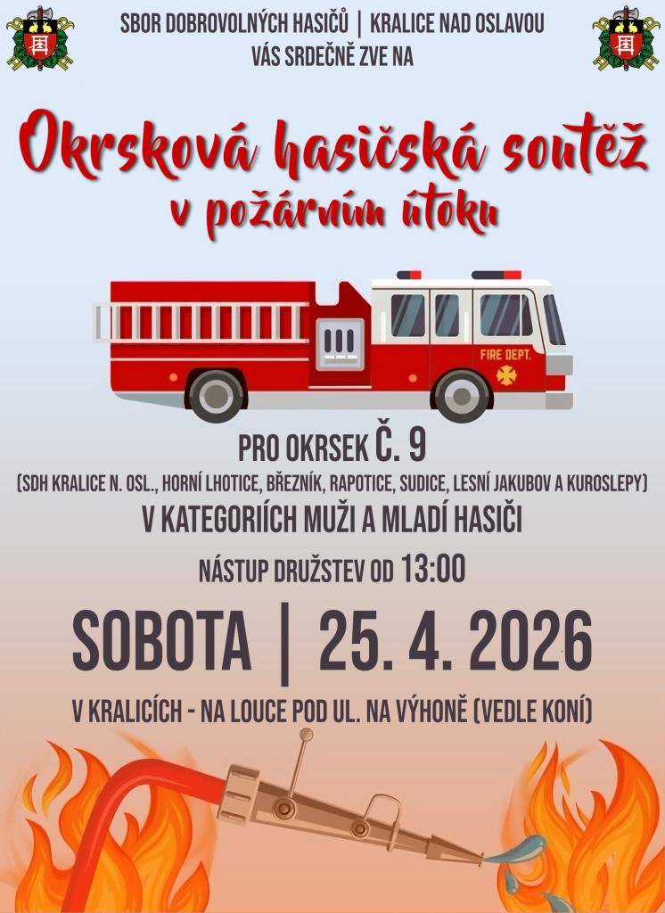 Okrsková hasičská soutěž v požárním útoku v sobotu 25.4.2026