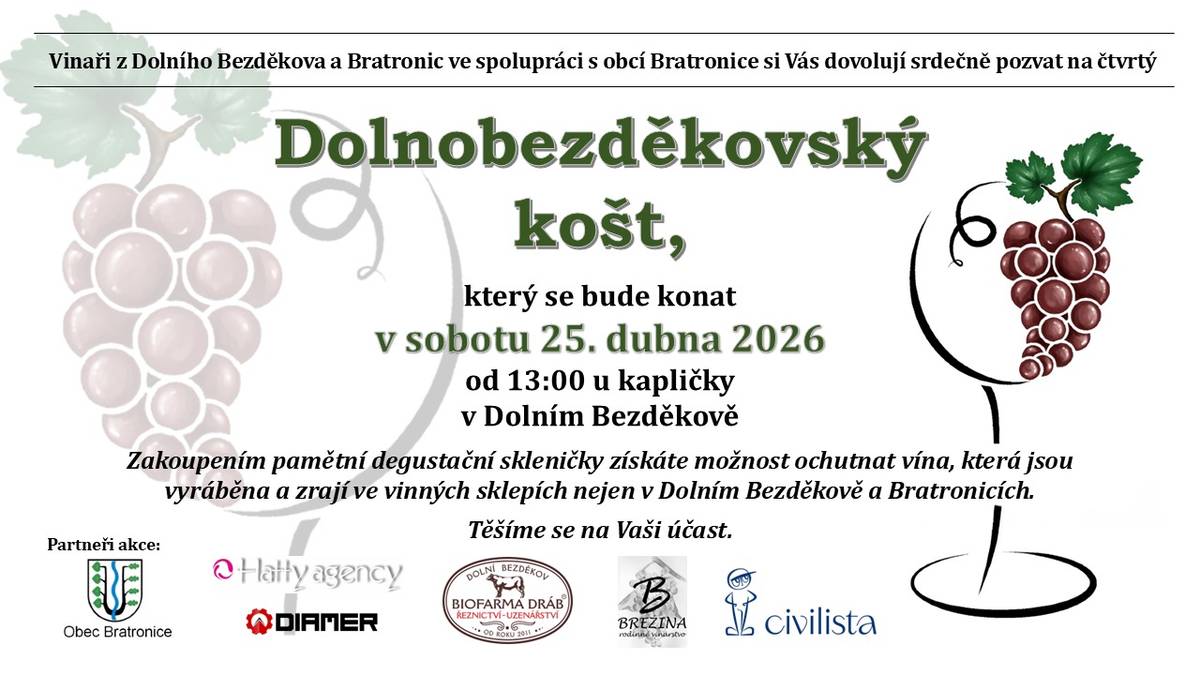 Možnost ochutnávky vín z vinných sklepů nejen v Dolním Bezděkově a Bratronicích