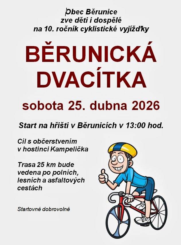 Cyklistická vyjížďka v sobotu 25.4.2026 Start na hřišti v Běrunicích v 13:00 hod.