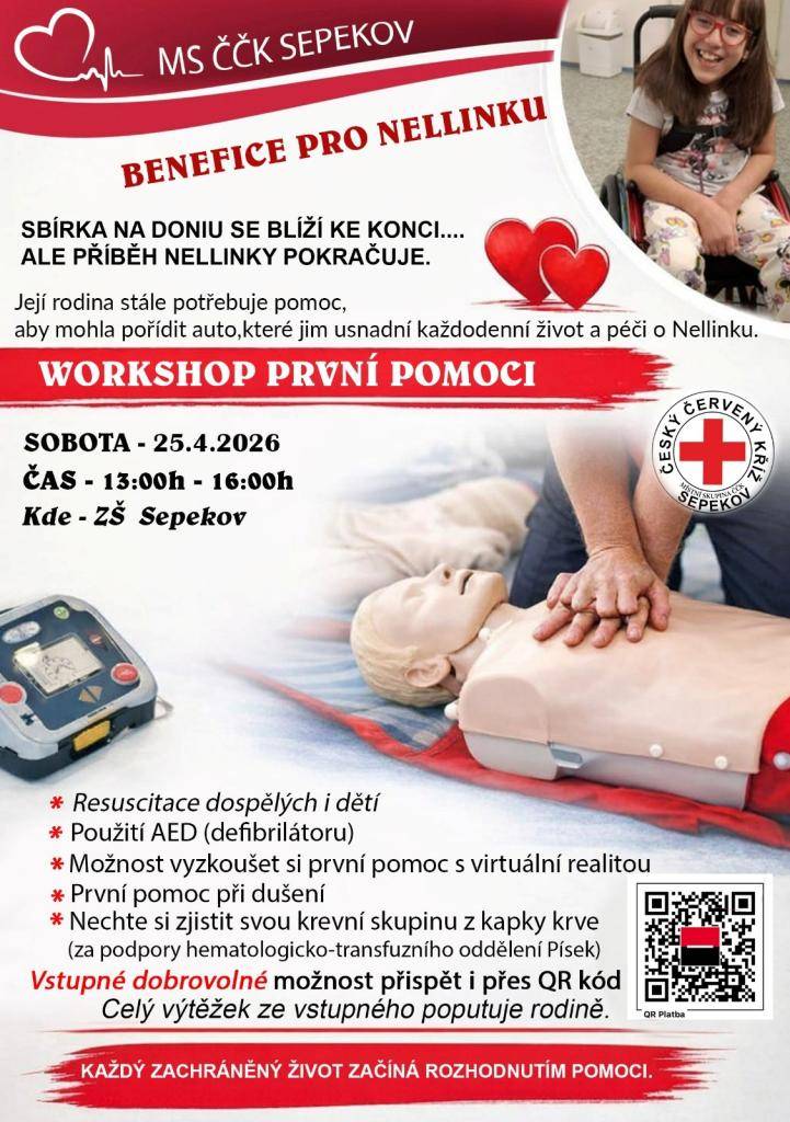 Místní skupina Českého červeného kříže Sepekov pořádá ve spolupráci s Městysem Sepekov "Workshop První pomoci", který se koná v sobotu 25. dubna 2026 v aule základní školy v Sepekově. Akce je pořádaná v rámci Benefice pro Nellinku.