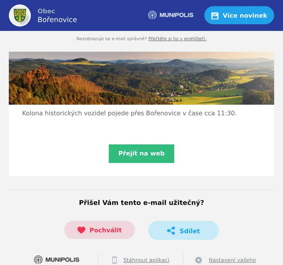 Kolona historických vozidel pojede přes Bořenovice v čase cca 11:30. 