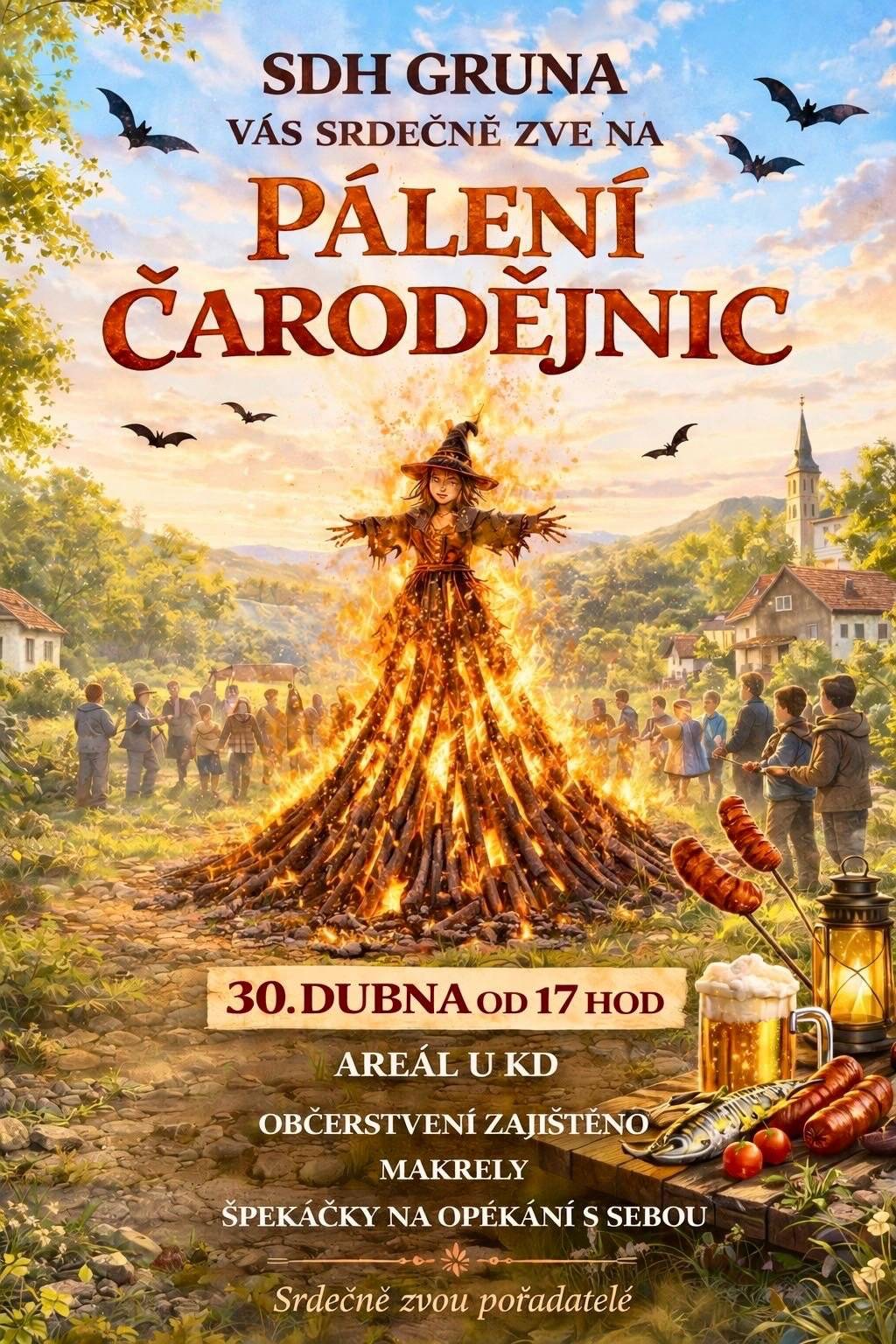 SDH Gruna Vás srdečně zve na PÁLENÍ ČARODĚJNIC, které se koná v areálu u KD Gruna. Občerstvení a makrely zajištěny, špekáčky na opékání s sebou!!!