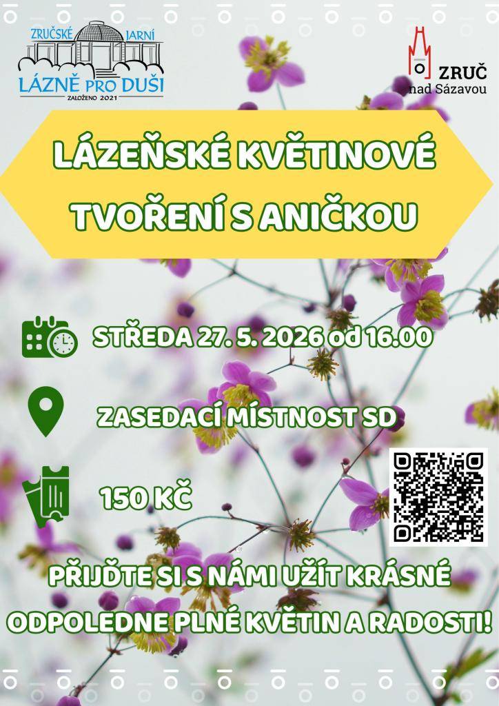 OKŠS vás v rámci akce Zručské jarní lázně pro duši srdečně zve na květinové tvoření s Aničkou, které se bude konat 27. 5. od 16:00 ve Spolkovém domě. Vstupné 150 Kč. Přijďte si s námi užít krásné odpoledne plné květin a radosti. Těšíme se na vás.