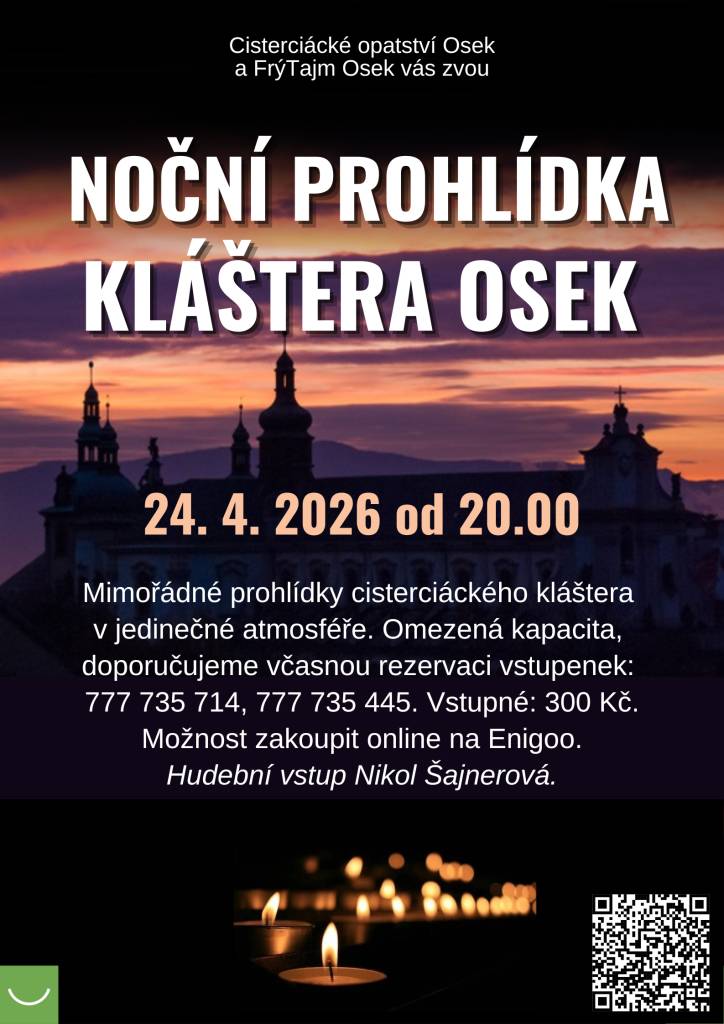 Noční komentovaná prohlídka cisterciáckého kláštera v magické atmosféře. Omezená kapacita, rezervujte včas. Hudební vstup Nikol Šajnerová.
