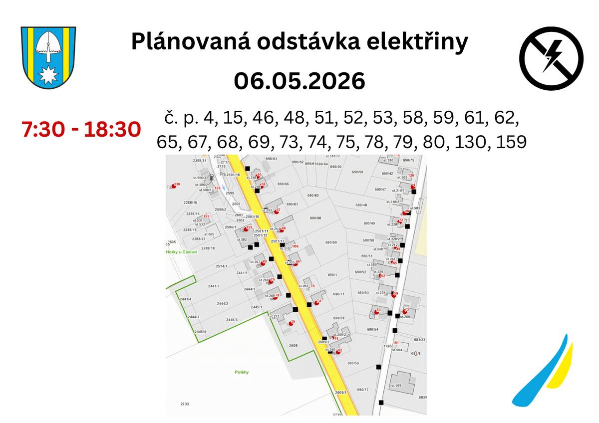 6.5.2026 dojde k přerušení dodávky elektřiny v obci. Přehled dotčených čísel popisných naleznete na přiloženém obrázku.