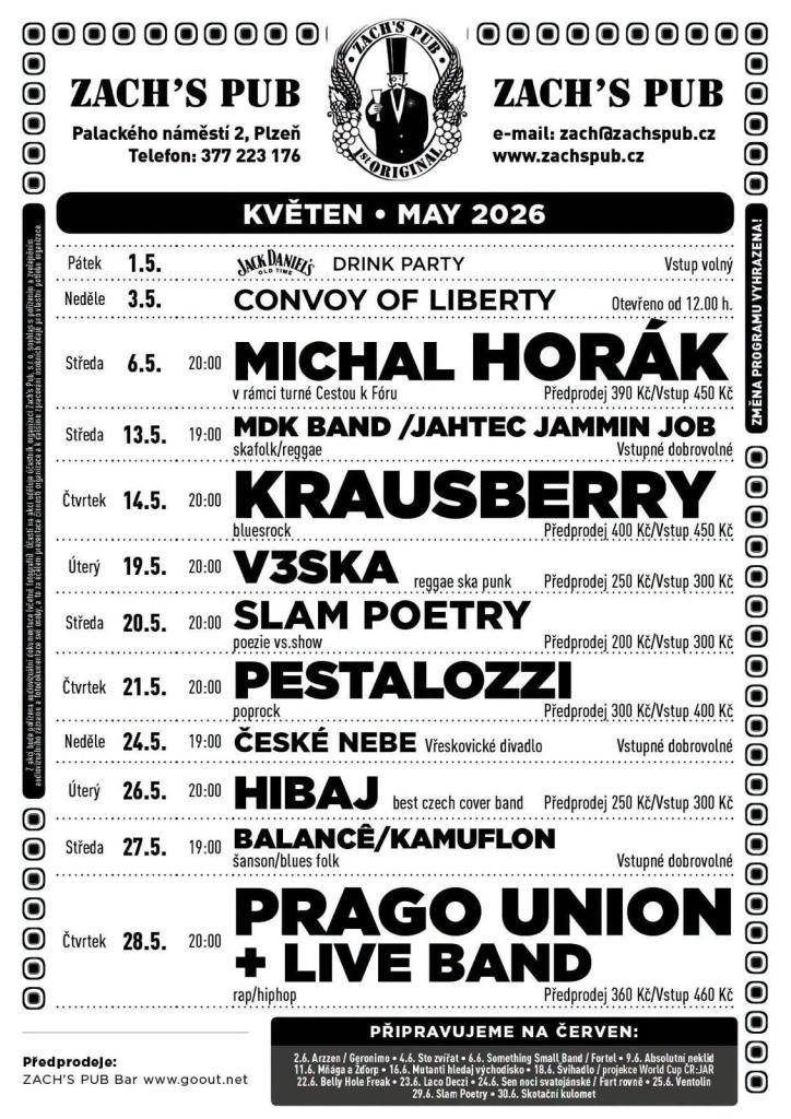 Rozpis akcí na květen včetně vystoupení Vřeskovického divadla se hrou České nebe, 24.5. 2026 od 19:00 hodin.