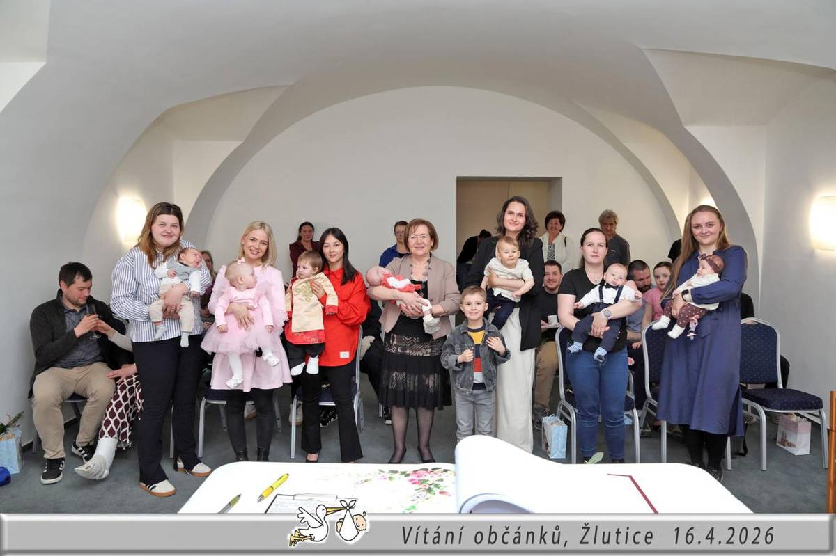 Ve čtvrtek 16. dubna 2026 bylo slavnostně do života přivítáno sedm nových občánků našeho města. Miminkům i jejich rodičům poblahopřála starostka Žlutic Helena Plitzová. Kulturní vystoupení si pro ně připravili jejich budoucí starší kamarádi.