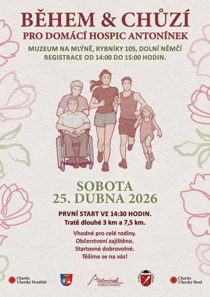 Přijďte se zúčastnit charitativní akce 'Během a chůzí pro domácí hospic Antonínek." Akce se uskuteční v sobotu 25. dubna 2026 v Muzeu na Mlýně, které se nachází na adrese Rybníky 105, Dolní Němčí. Registrace od 14h do 15h.