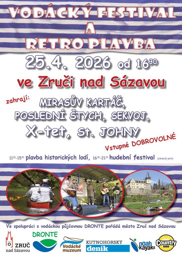 Otevírání turistické sezony proběhne v sobotu 25.4.2026 od 10 hodin v zámeckém parku. Připraven je bohatý program pro děti i dospělé . Hlavním lákadlem je hudební vystoupení Veseluška a kamarádi i sokolnická show. Vstup je dobrovolný. Po 16 hodině vystřídá dětský program Vodácký festival.