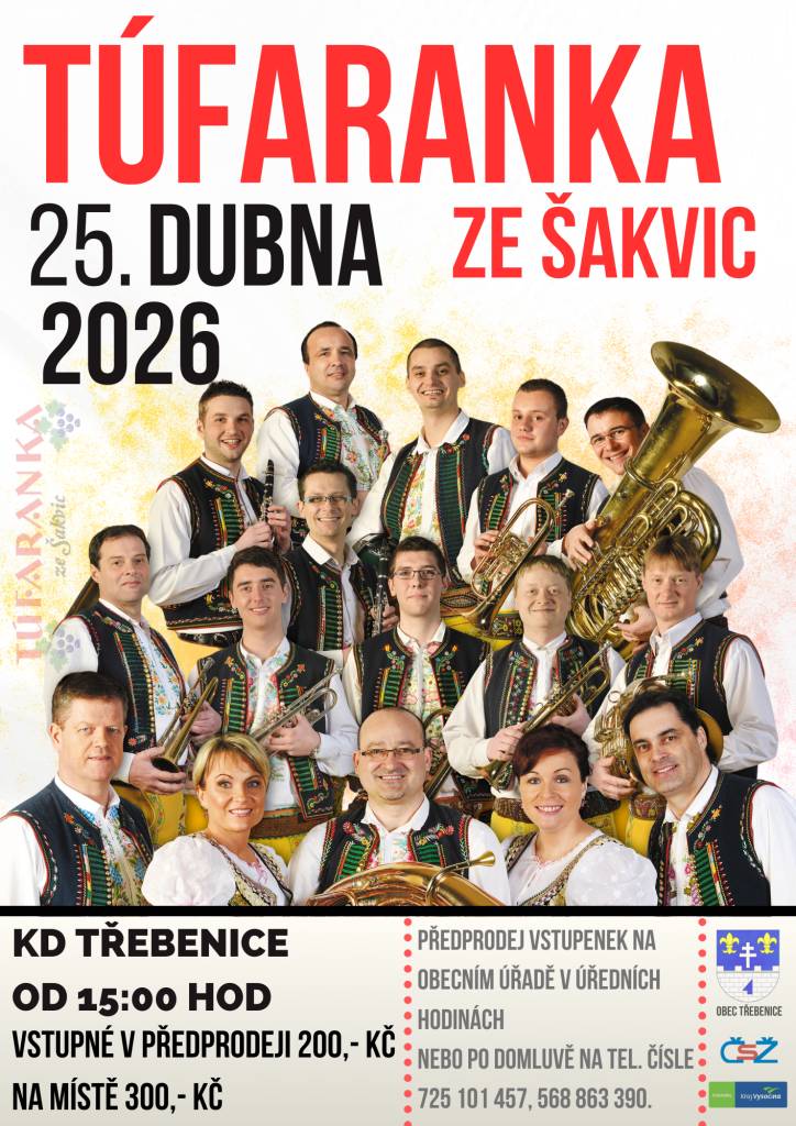 Obec Třebenice Vás srdečně zve na koncert dechové hudby.    Předprodej vstupenek na obecním úřadě v úředních hodinách.