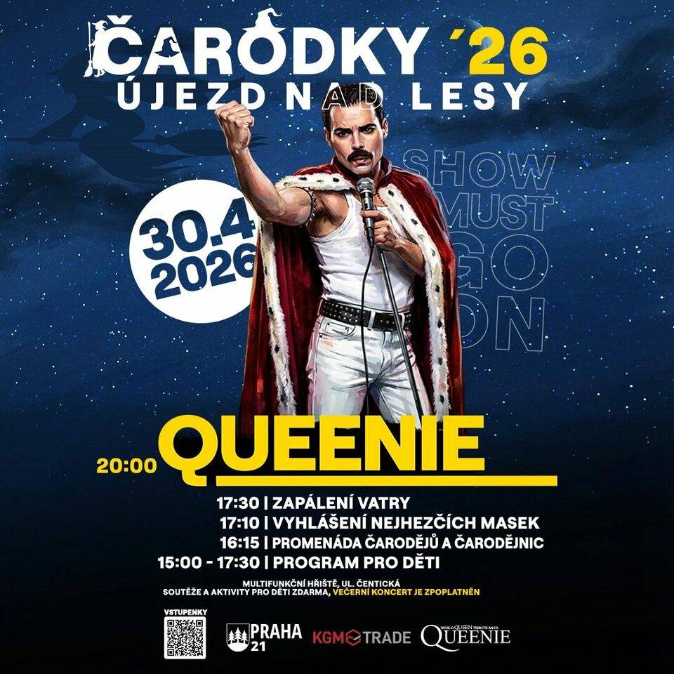 Přijďte si užít největší jarní akci! Městská část Praha 21 vás zve na tradiční oslavu Čarodějnic, která se uskuteční 30. dubna 2026 od 15:00 hodin na Multifunkčním sportovišti. Čeká vás odpoledne plné zábavy pro děti i dospělé, soutěží, hudby, masek a večer velký koncert kapely Queenie!  Odpolední program pro děti (vstup zdarma): Od 15:00 startuje zábavné odpoledne plné soutěží, tance a čarodějnické atmosféry. Děti se mohou těšit na soutěže, dětskou diskotéku Rarášek, čarodějnickou promenádu i vyhlášení nejkrásnějších masek. Přijďte v kostýmech – 5 nejlepších odměníme přímo na pódiu! Nebude chybět ani zapálení ohně, které slavnostně provede pan starosta, a opékání špekáčků zdarma pro všechny návštěvníky. Večerní program – koncert kapely Queenie: Od 20:00 hodin vystoupí skvělá kapela Queenie. Uslyšíte nesmrtelné hity a zažijete koncertní atmosféru, která Vás nenechá v klidu stát. Přijďte si zazpívat, zatleskat a užít si velký čarodějnický večer s živou hudbou! Po celou dobu akce bude zajištěno bohaté občerstvení, takže se můžete těšit na dobré jídlo i pití. Vstupné na večerní koncert: 200 Kč – dospělá osoba 50 Kč – děti do 130 cm Vstupenky lze zakoupit přes QR kód na plakátu nebo zde: https://www.smsticket.cz/vstupenky/67282-carodejnice-2026?utm_campaign=smsticket-prodejni-odkaz Pokud preferujete osobní nákup, jsou k dispozici na podatelně MČ a v místní knihovně. Přijďte si užít super čarodějnice plné hudby, ohně, masek a skvělé atmosféry. Vezměte rodinu, přátele, děti i dobrou náladu – těšíme se na vás!  Upozornění: Od 19:30 bude prostor postupně vyhrazen pouze pro návštěvníky s platnou vstupenkou na koncert.