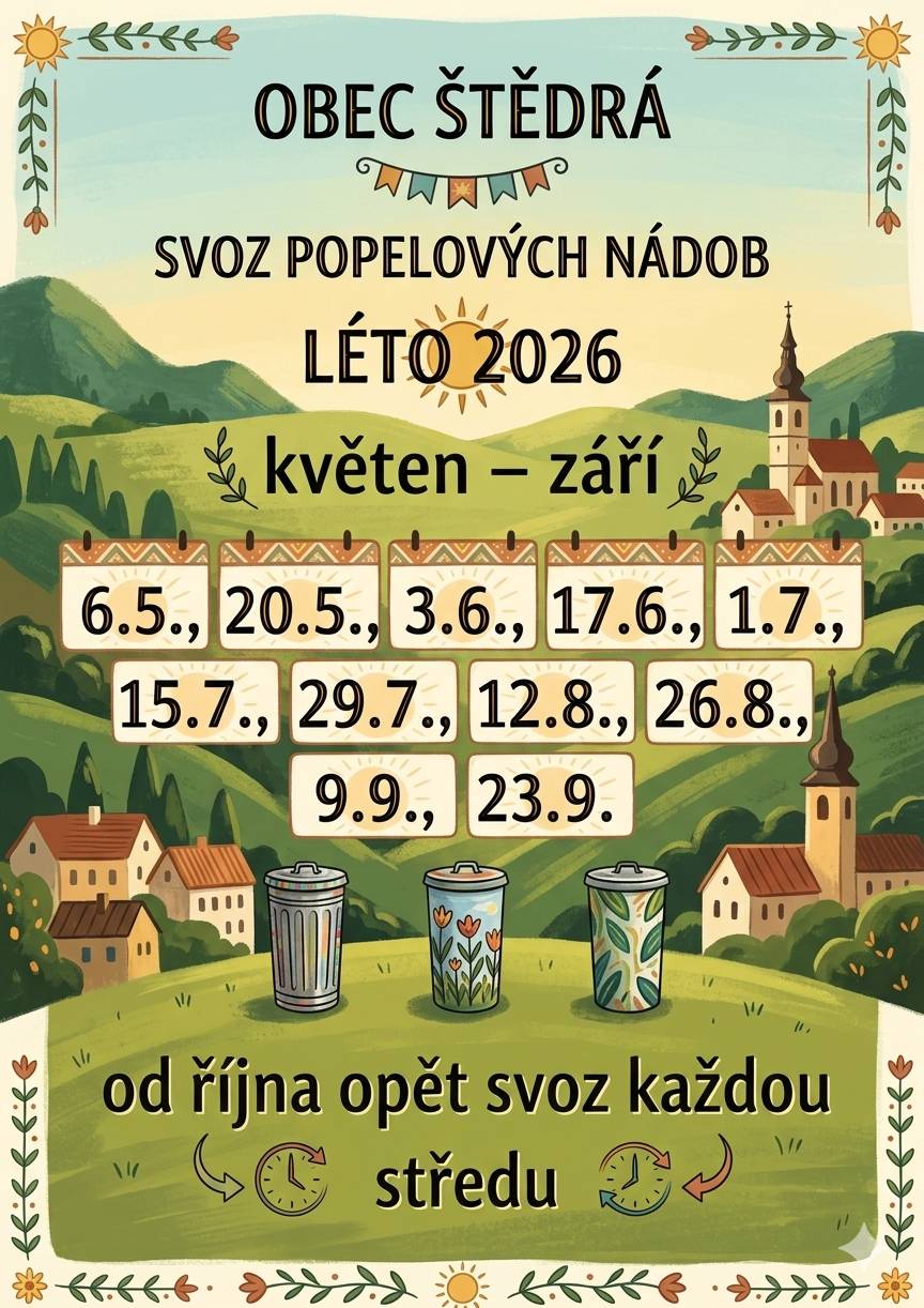 OBEC ŠTĚDRÁ SVOZ POPELOVÝCH NÁDOB LÉTO 2026 květen  – září 6.5., 20.5., 3.6., 17.6., 1.7., 15.7., 29.7., 12.8., 26.8., 9.9.,  23.9. od října opět svoz každou středu