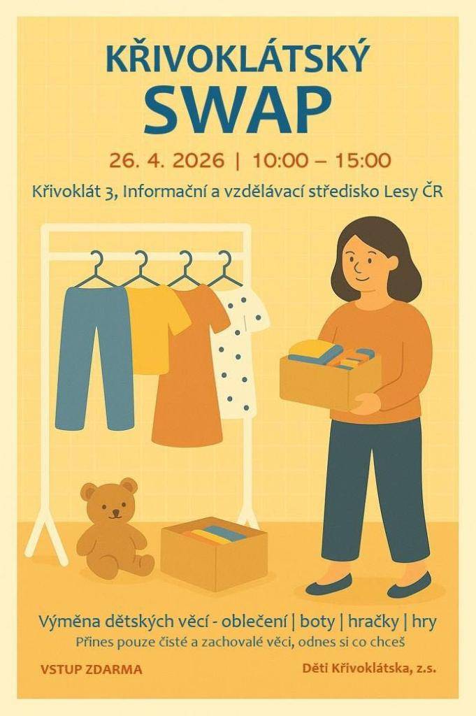 Spolek Děti Křivoklátska, z. s. zvou v neděli 26.04.2026 od 10 hodin na druhý křivoklátský swap. Více na plakátu.