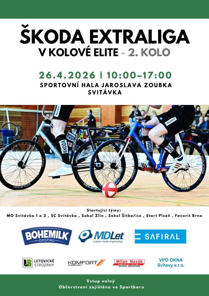 Zveme vás na druhé kolo ŠKODA EXTRALIGY, které se koná 26. dubna 2026 od 10:00 do 17:00 ve Sportovní hale Jaroslava Zoubka ve Svitávce. Těšit se můžete na zápasy týmů MO Svitávka 1 a 2, SC Svitávka, Sokol Zlín, Sokol Šitbořice, Start Plzeň a Favorit Brno. Vstup je zdarma a občerstvení je zajištěno v