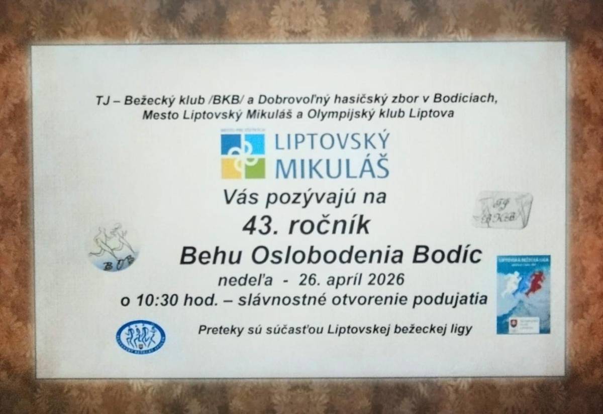 43. ročník Behu Oslobodenia Bodíc sa uskutoční 26. apríla 2026, začiatok podujatia je naplánovaný na 10:30 hod. v Bodíciach. Preteky sú súčasťou Liptovskej bežeckej ligy a sú otvorené pre všetkých nadšencov behu. Nezmeškajte túto príležitosť na športové stretnutie a prežite skvelý deň v prírode.