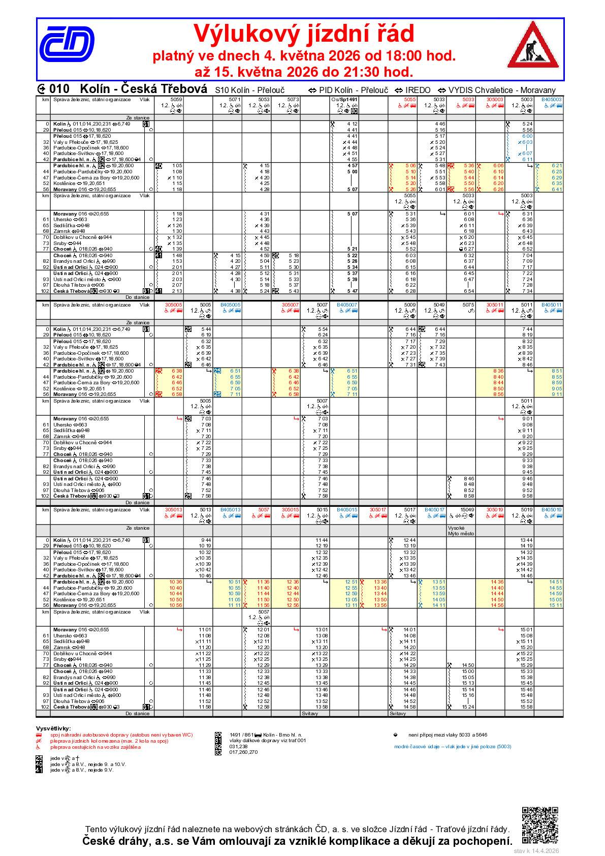 Provozovatel dráhy, Správa železnic s. o., informuje o výlukách traťových kolejí na železniční trati č. 010 Kolín - Česká Třebová, které budou probíhat v úseku Pardubice hlavní nádraží - Kostěnice (- Moravany) v termínu od 4. května 2026 od 18:00 hodin do 15. května 2026 do 21:30 hodin. Důvodem výluk je výměna kolejnic a následné úpravy traťových kolejí.  Dopravce České dráhy, a. s. proto přijímá následující opatření:  Po dobu výluk budou vybrané osobní vlaky nahrazeny náhradní autobusovou dopravou podle výlukového jízdního řádu, a to ve dvou linkách v úseku Pardubice hlavní nádraží - Moravany a zpět.  Spěšné vlaky Sp 1490 a 1492 budou po dobu výluky mimořádně zastavovat ve stanici Moravany pro výstup a nástup cestujících.  (See attached file: VJŘ_010_Pardubice-Moravany_53053_květen_2.pdf)  Upozornění Po dobu výluk nebude v úseku s náhradní autobusovou dopravou garantována služba uvedená v jízdním řádu u jednotlivých vlaků - tzn. "Přeprava spoluzavazadel". Přeprava kočárků bude možná pouze do vyčerpání kapacity autobusu náhradní dopravy.