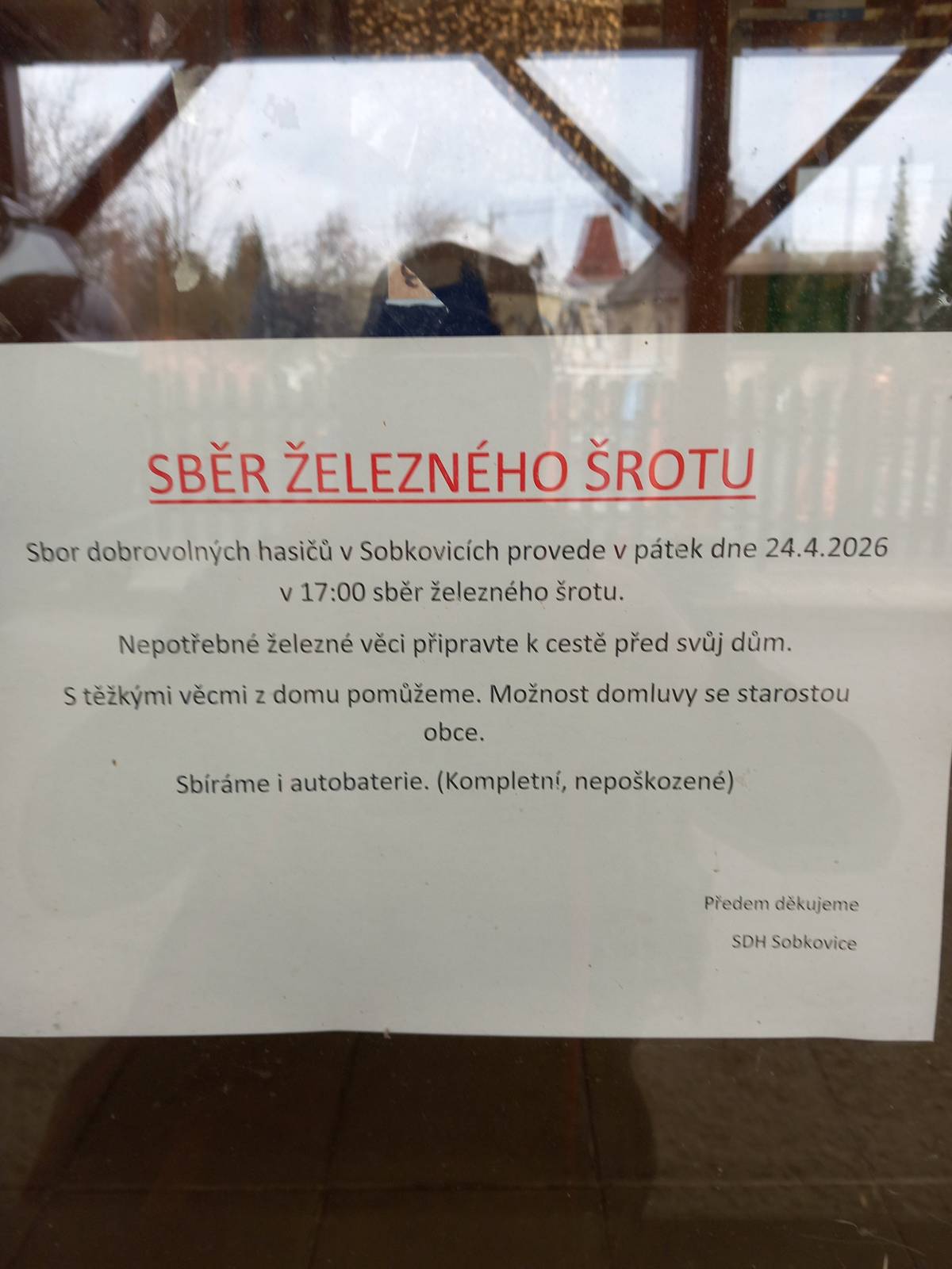 Dne 24.4.2026 provedou místní hasiči od 17 hodin svoz železa. Nepotřebné železo odkládejte k nejbližší cestě u domu, kde ho hasiči vyzvednou. V případě těžkých věcí je možnost pomoci hasičů s odnesením. Možnost domluvy se starostou hasičů F. Vorlickým na tel. čísle 778078006.