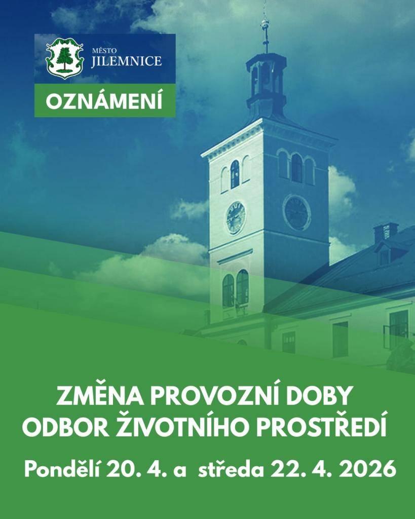 V pondělí 20. 4. a ve středu 22. 4. 2026 bude Odbor životního prostředí otevřen až od 12:30 hodin.