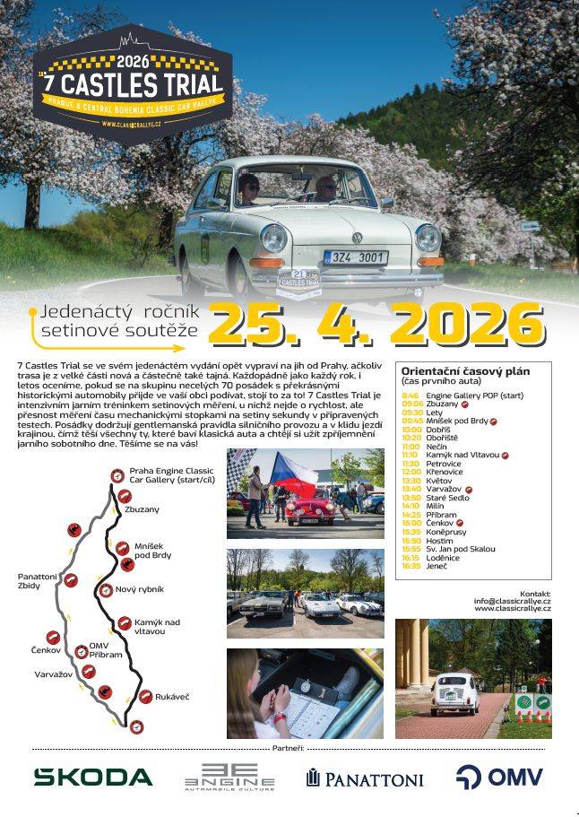 7 CASTLES TRIAL  Rychlostní zkouška bude probíhat podle dostupných informací v ulici Pod Komorskem. Nejedná se o jízdu "na rychlost", ale posádky mají za úkol projet od startu do cíle za přesně určený čas.