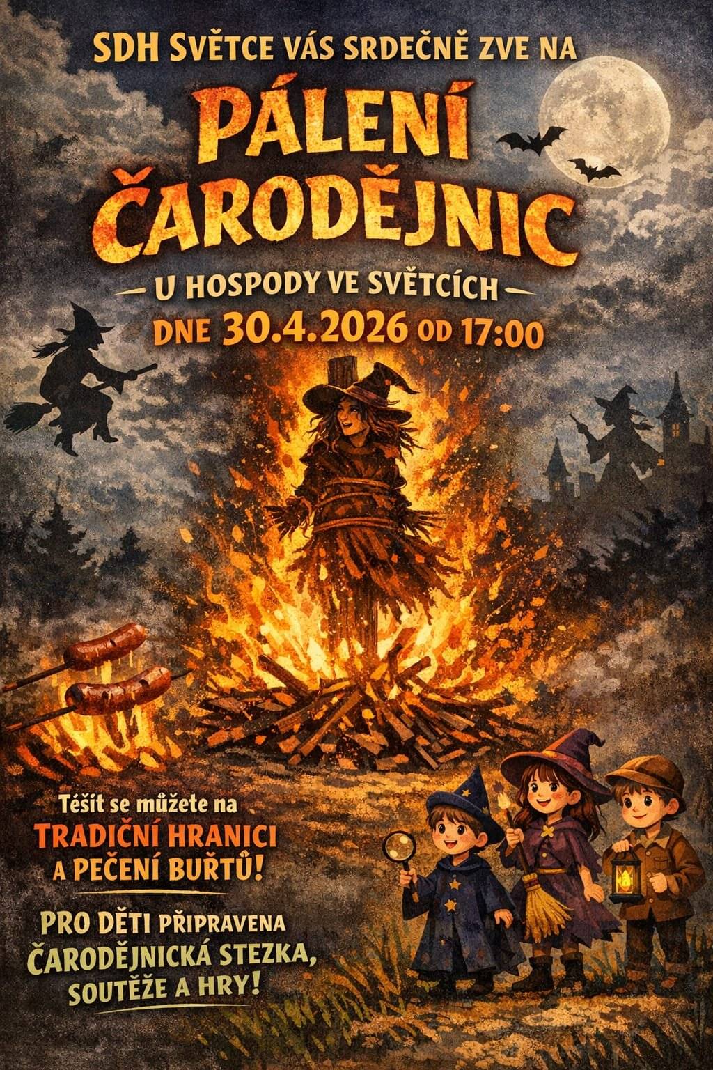 SDH Světce Vás srdečně zve na tradiční pálení čarodějnic, dne 30.4.2026 od 17:00 u hospody ve Světcích.