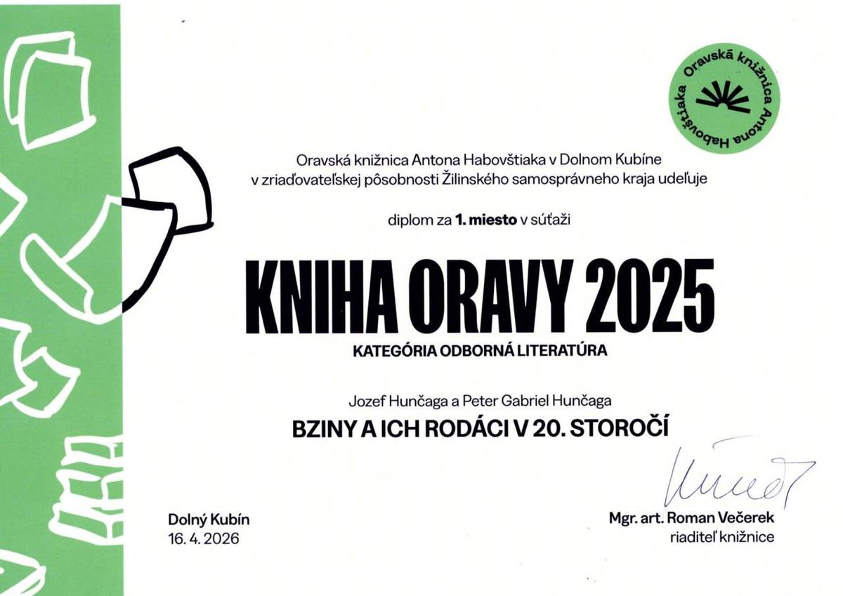 Obec Bziny s potešením informuje, že v 18. ročníku čitateľskej súťaže Kniha Oravy 2025 získala prvenstvo v kategórii odborná literatúra publikácia:    „Bziny a ich rodáci v 20. storočí“  Autori: Jozef Hunčaga – Gabriel Peter Hunčaga  Vydavateľ: Obec Bziny, 2025