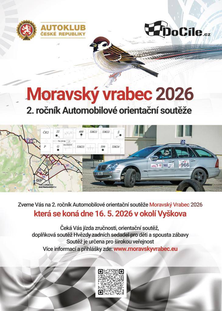 Přijďte se zúčastnit 2. ročníku Automobilové orientační soutěže Moravský Vrabec, která se koná 16. května 2026 v okolí Vyškova. Těšit se můžete na jízdu zručnosti, orientační soutěž a další zábavné aktivity pro celou rodinu.