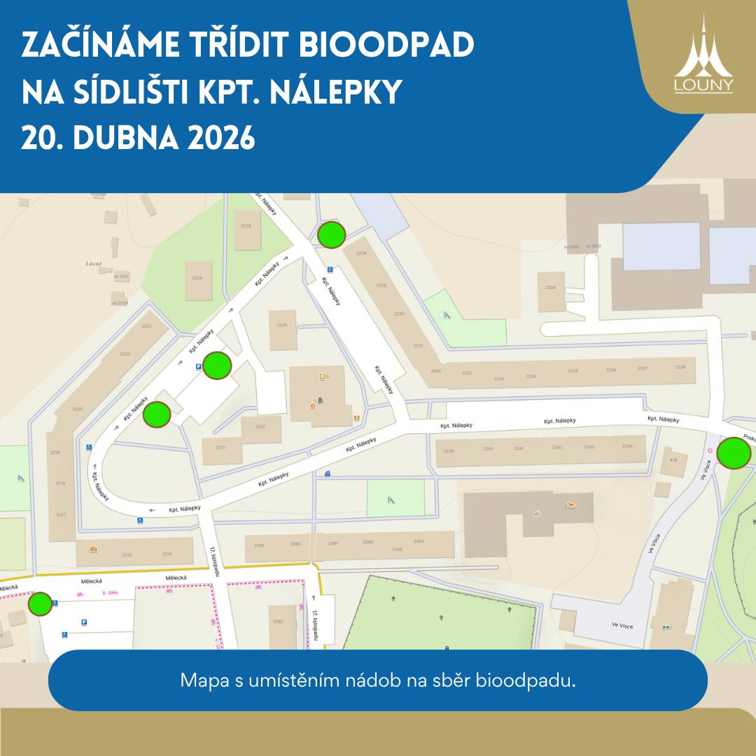 Město Louny dnes spustilo na sídlišti Kpt. Nálepky testovací provoz třídění bioodpadu. Na vybraných stanovištích tříděného odpadu jsou od ranních hodin nově umístěny označené nádoby o objemu 240 litrů určené pro biologicky rozložitelný odpad z domácností. Cílem projektu je snížit množství směsného komunálního odpadu. Pokud se to díky lepšímu třídění podaří, mohou domácnosti v budoucnu snížit objem nádoby na směsný komunální odpad a tím i poplatek za odkládání tohoto odpadu. Nevíte, kde je nejbližší nádoba na bioodpad? Podívejte se do přiložené mapy, která ukazuje jejich umístění. 🌿 Bioodpad není odpad, ale cenná surovina – jeho tříděním šetříme přírodu i náklady na nakládání s odpady. Děkujeme Vám, že třídíte! ♻️