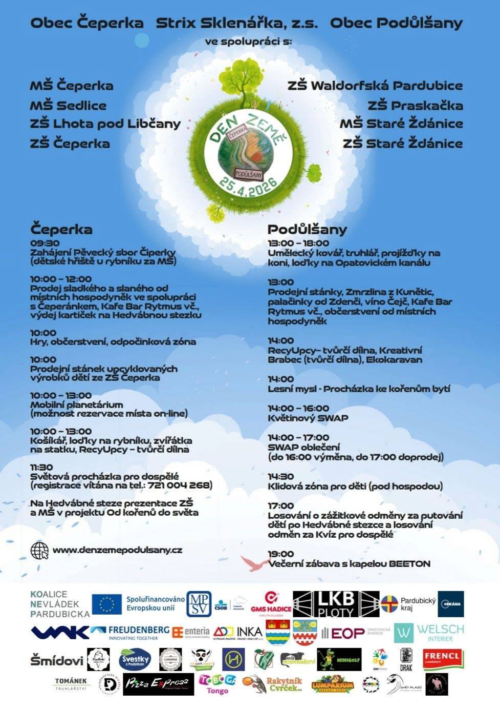 Srdečně Vás zveme na akci Den Země Čeperka - Podůlšany, která se koná v sobotu 25. dubna 2026 se začátkem v 9.30 hodin na dětském hřišti v Čeperce za mateřskou školkou.